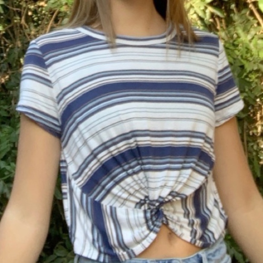 Blue Striped Cotton T-Shirt with Knot